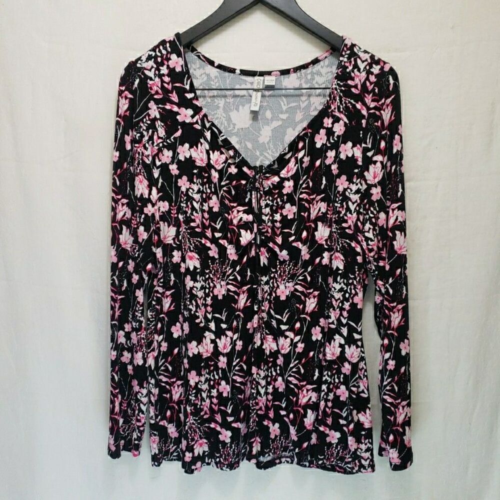 Cato Comfort Fit Size 18/20W Pink Black Floral Stretch Knit Long Sleeve Ribbed